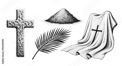 Christian symbols: cross, palm frond, ashes, and draped cloth with cross