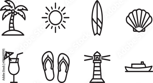 Vacation icons representing tropical holiday activities and relaxation. Vector