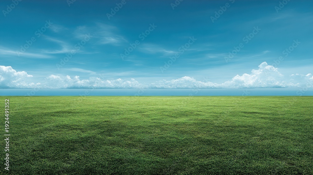 Obraz premium Expansive Green Grassland Under Clear Blue Sky with Fluffy White Clouds Stretching to Horizon in Bright Daylight