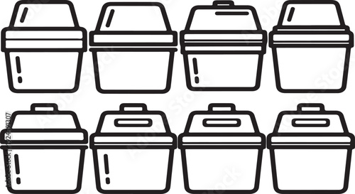 Eight distinct containers with various lid designs and features Vector