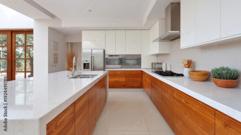 Fototapeta premium Modern kitchen design featuring sleek cabinetry, spacious countertops, and contemporary appliances in an elegant home setting with natural light