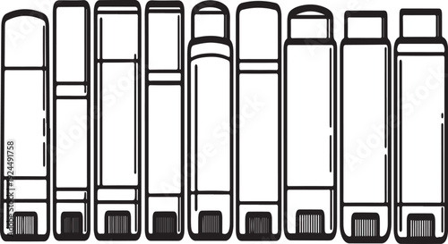 A collection of various spray bottles lined up in a row. Vector