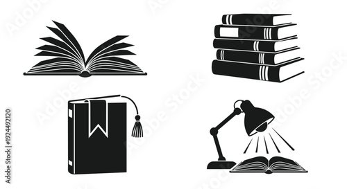 Collection of four black and white icons representing books and reading
