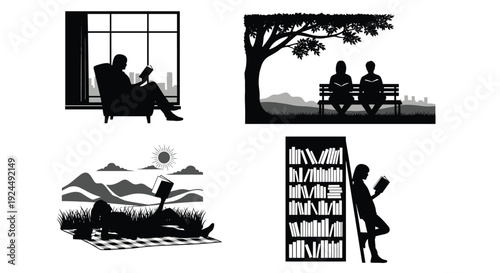 Diverse silhouettes of people enjoying reading in various settings, from indoors to outdoors