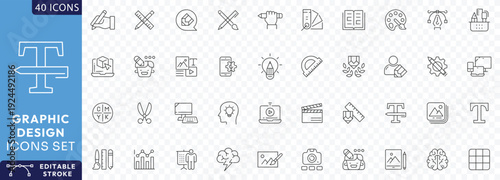 Graphic Design icon set. Contains such icons as Creativity, Layout, Mobile App Design, Art Tools, Drawing Tablet, Typography, Etc. Fully Editable. Vector illustration. Editable stroke.