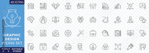 Graphic Design icon set. Contains such icons as Creativity, Layout, Mobile App Design, Art Tools, Drawing Tablet, Typography, Etc. Fully Editable. Vector illustration. Editable stroke.