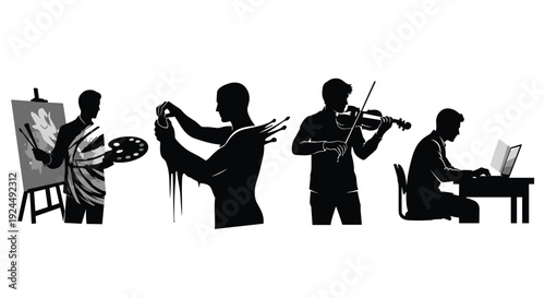 Silhouettes of people engaged in various creative and intellectual pursuits, symbolizing diverse talents
