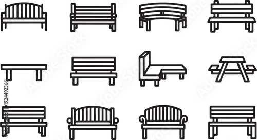 A collection of different types of benches and picnic tables Vector