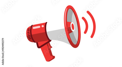 Vibrant red megaphone with white accents emitting sound waves, symbolizing communication and public announcement.