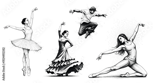 Diverse dancers in dynamic poses, illustrated with stippling technique on a white background