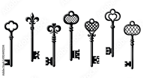 Collection of ornate antique skeleton keys with various intricate designs, bows, and bit shapes in black and white silhouette.
