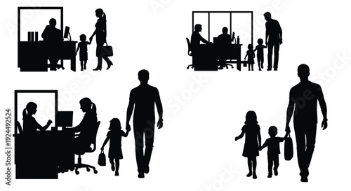 Silhouettes of parents and children in office and walking scenes, representing family and work balance