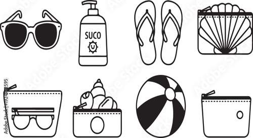 Assorted items for a fun and relaxing day at the beach Vector