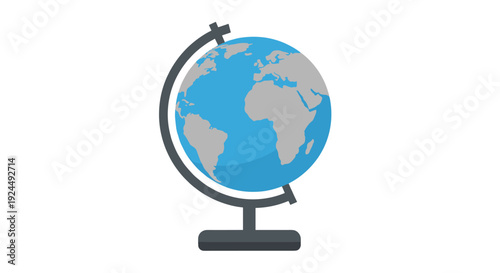 A detailed blue and gray world globe on a dark gray stand displays continents and oceans against a clean white background.