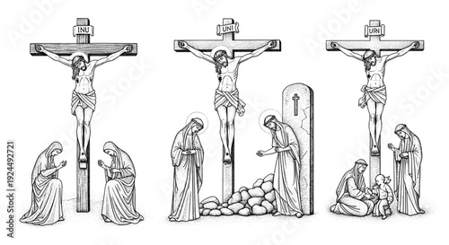 Jesus Christ crucifixion scenes with mourning women and disciples in a stylized illustration