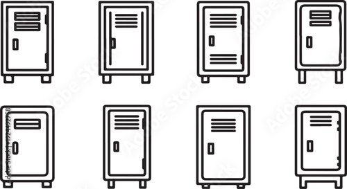 A collection of eight distinct electrical control panels with varying designs and features. Vector