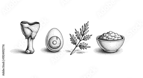 Stippled illustration of a bone, egg, herb, and bowl of food on a white background