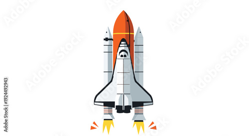 A pixel art illustration shows a space shuttle launching with fiery exhaust plumes from its engines, ready for cosmic exploration.