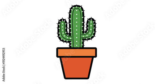 A pixel art illustration displays a potted green cactus with sharp spines, resting in a vibrant orange plant pot.