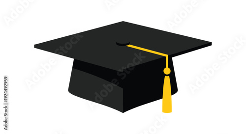 Black graduation cap with a golden tassel on a white background, symbolizing academic achievement and ceremonial celebration.