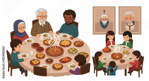 Diverse family enjoying a traditional Moroccan meal together at a large table