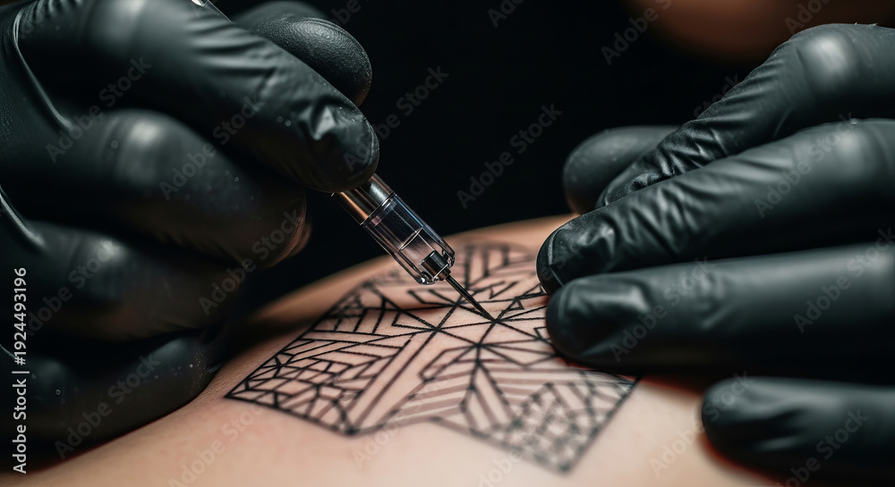 Fototapeta premium Intricate black geometric tattoo being inked on skin by gloved tattoo artist. concept of body art, design precision, detailed tattoo work, professional tattooing