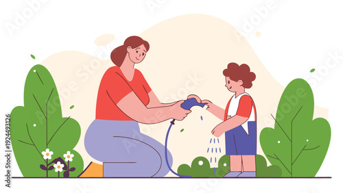Happy mom teaches son hygiene, washing his hands with water from a garden hose outdoors among plants.