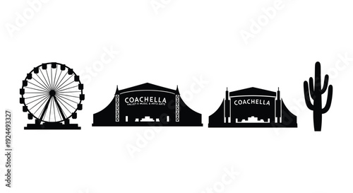 Coachella festival iconic symbols: Ferris wheel, stages, and cactus silhouette