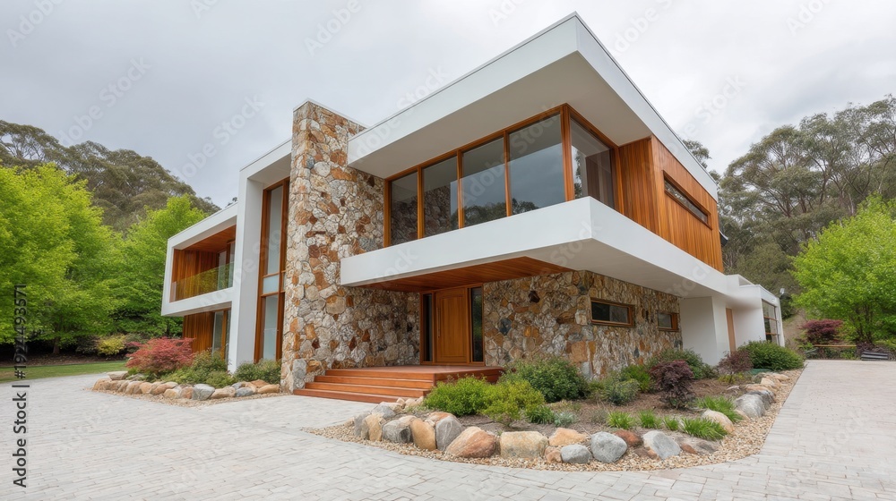 Fototapeta premium Modern architecture house featuring natural stone and wood elements surrounded by greenery under a cloudy sky in a tranquil landscape setting