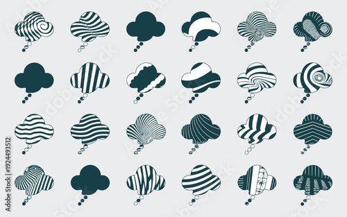 A collection of whimsical hot air balloons with various patterns and designs floating in the sky