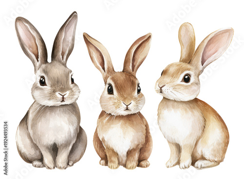 Three watercolor baby rabbits sitting side by side, realistic soft-brown and gray fur, large ears and expressive eyes, charming nursery illustration on white background