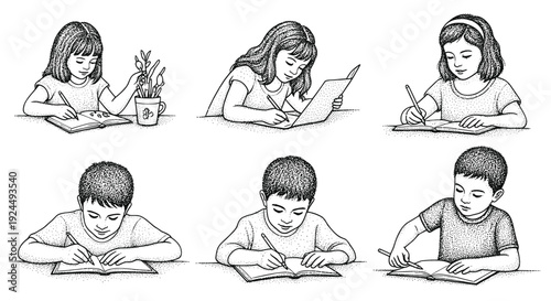 Children diligently writing and drawing in notebooks, engaged in creative and educational activities