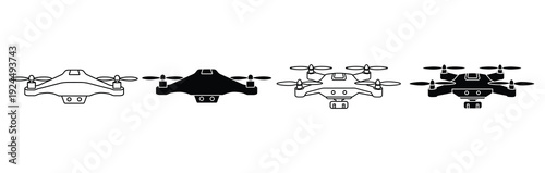 Set of four drone illustrations in different styles and shading.