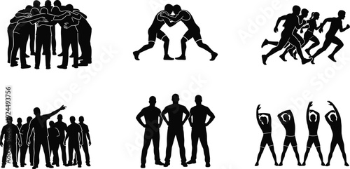Athlete team silhouette collection showing group huddle wrestling running leadership and warm up exercises isolated vector illustration set