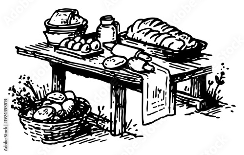 Traditional rustic wooden table with bread and eggs prepared for a festive easter breakfast