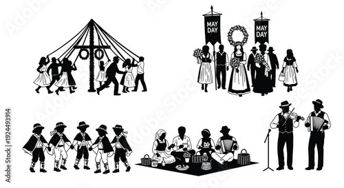 May Day celebrations with traditional dancing, processions, and music in silhouette style