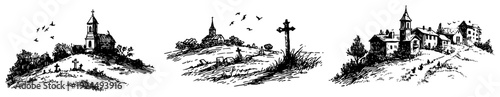 Collection of rural landscape sketches featuring small village churches and crosses on hills
