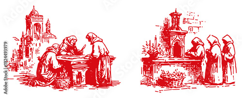 Vintage red ink illustration showing catholic monks praying at an altar and writing manuscripts in a monastery