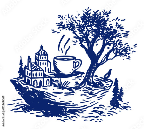 Surreal blue ink illustration of a floating island featuring a village a tree and a coffee cup