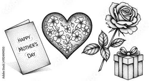 Happy Mother's Day greeting card with floral heart, rose, and gift box illustration