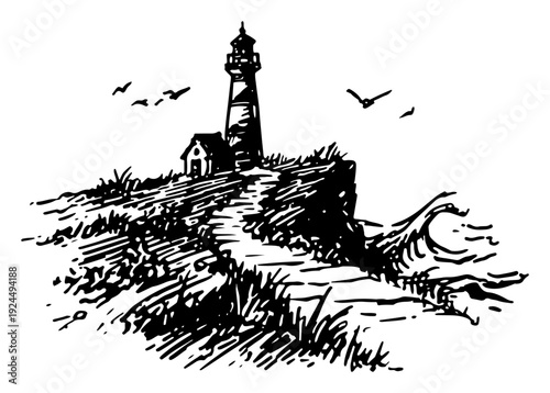 Detailed black ink illustration of a lighthouse standing on a rocky cliff by the sea
