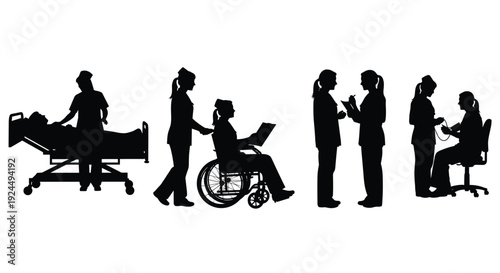 Silhouettes of nurses providing medical care and assistance to patients in various hospital settings