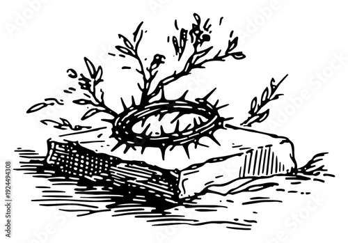 Crown of thorns lying on a stone altar with olive branches in ink style
