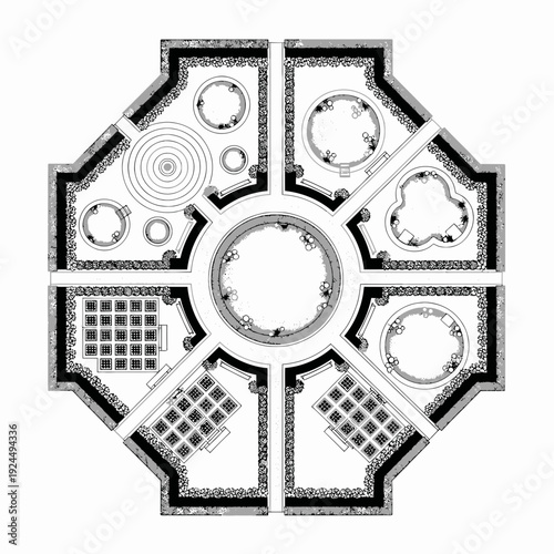 Top-down view of an ornate octagonal garden layout with geometric patterns and fountains.