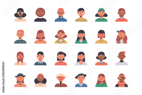 Diverse group of stylized cartoon avatars with various hairstyles and accessories