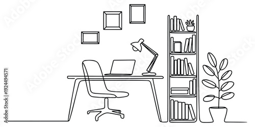 Office Workspace Line Art, Modern Home Desk Illustration, Minimal Interior Design, Continuous Line Drawing, Work From Home Sketch, Office Furniture Outline, Productivity Concept Graphic.