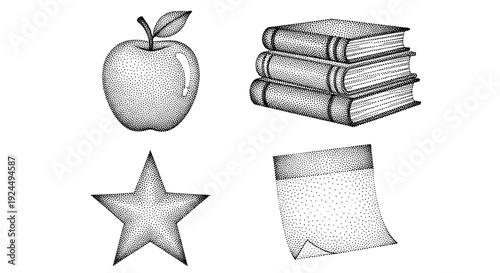 Set of four stippled icons: apple, stack of books, star, and notepad on white background