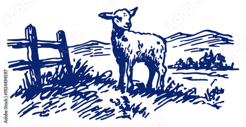 Classic blue ink drawing of a young lamb standing in a countryside field by a wooden fence