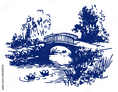 Traditional landscape with a stone bridge over water in blue ink sketch style