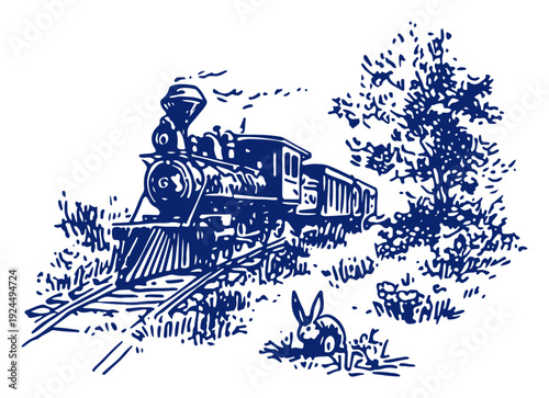 Vintage hand drawn sketch of a steam locomotive train passing through a landscape with a rabbit